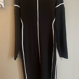 Chic Long Sleeve Black Dress with White Trim